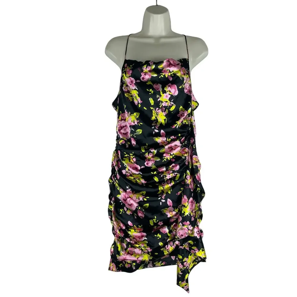 Likely Asta Floral Print Satin Mini Dress Ruffle Side Ruch Size 6